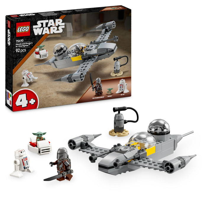 LEGO Star Wars 75410 Mando and Grogu’s N-1 Starfighter Building Toy with The Mandalorian Minifugure, Grogu & R5-D4 Figures, plus a Brick-Built Fueling Station, Playset for 4+ Year Old Boys & Girls