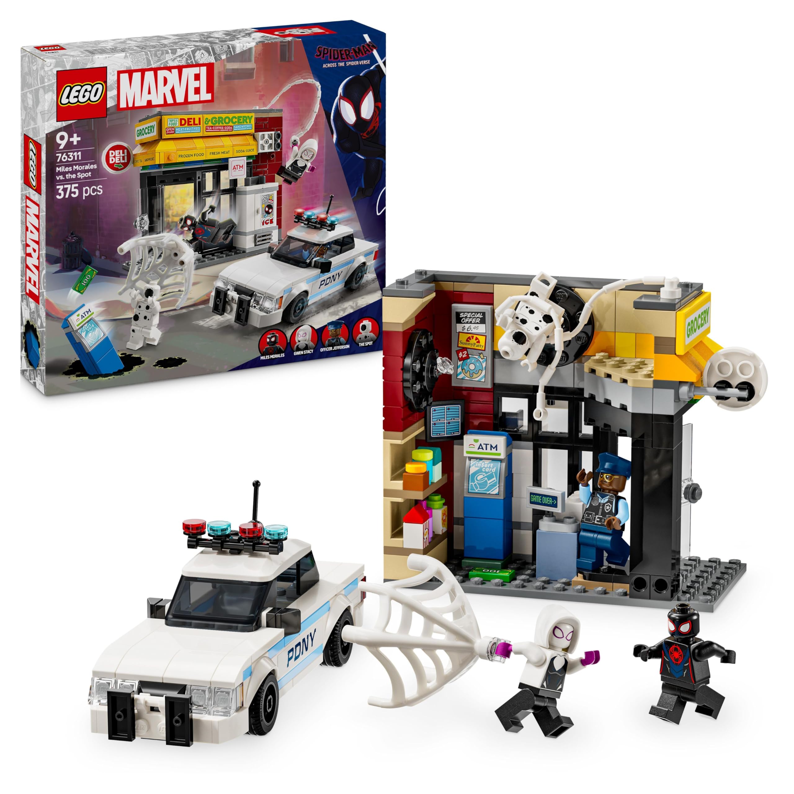 LEGO Marvel Spider-Verse: Miles Morales vs. de Spot, Superhelden Bouwpakket voor Kinderen met Speelgoed Auto, 4 Minifiguren en Speelgoedwinkel, Cadeau voor Jongens en Meisjes 76311