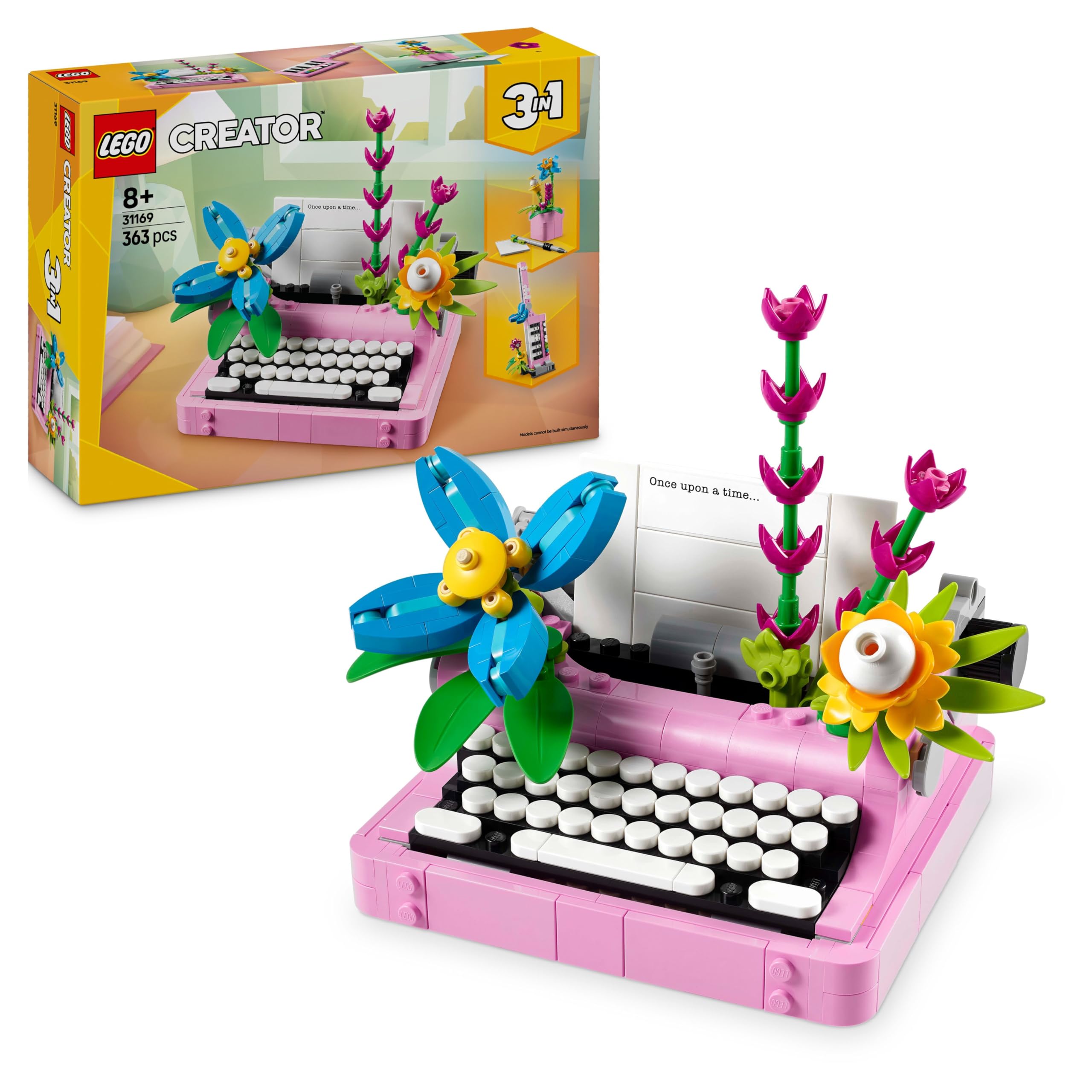 LEGO Creator 3in1 Typewriter with Flowers Toy - Transforms into a Keytar Model or a Flowerpot with a Pen & Notebook - Creative Birthday Gift for 8+ Year Old Girls & Boys - 31169