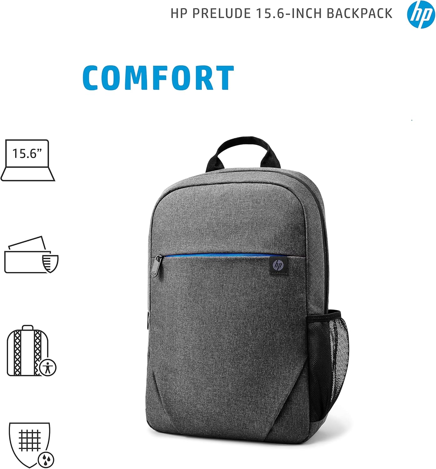 HP Prelude, Zaino per Laptop fino da 15,6", con Cinghie Imbottite Antiscivolo e Cerniera Colorata, 1 Scomparto Principale e 6 Tasche Interne ed Esterne, Realizzato con Materiale Riciclato, Grigio
