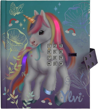 Depesche 13440 Ylvi Diary with Number Code, Sound and Light, Book in Blue and Purple, with Unicorn Motif and 192 Lined and Colourful Illustrated Pages