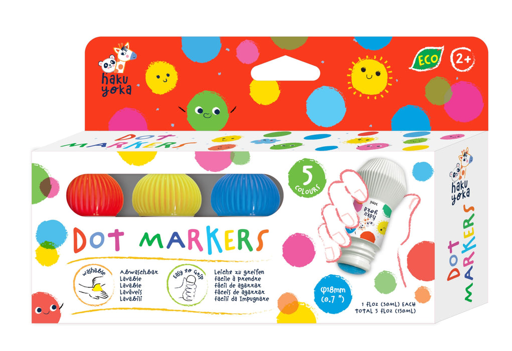 Hakuyoka Dot Markers - Washable Painting 5-Color Set | Easy Grip & Non-Toxic | Fun Dot Art for Kids (Vivid Colors