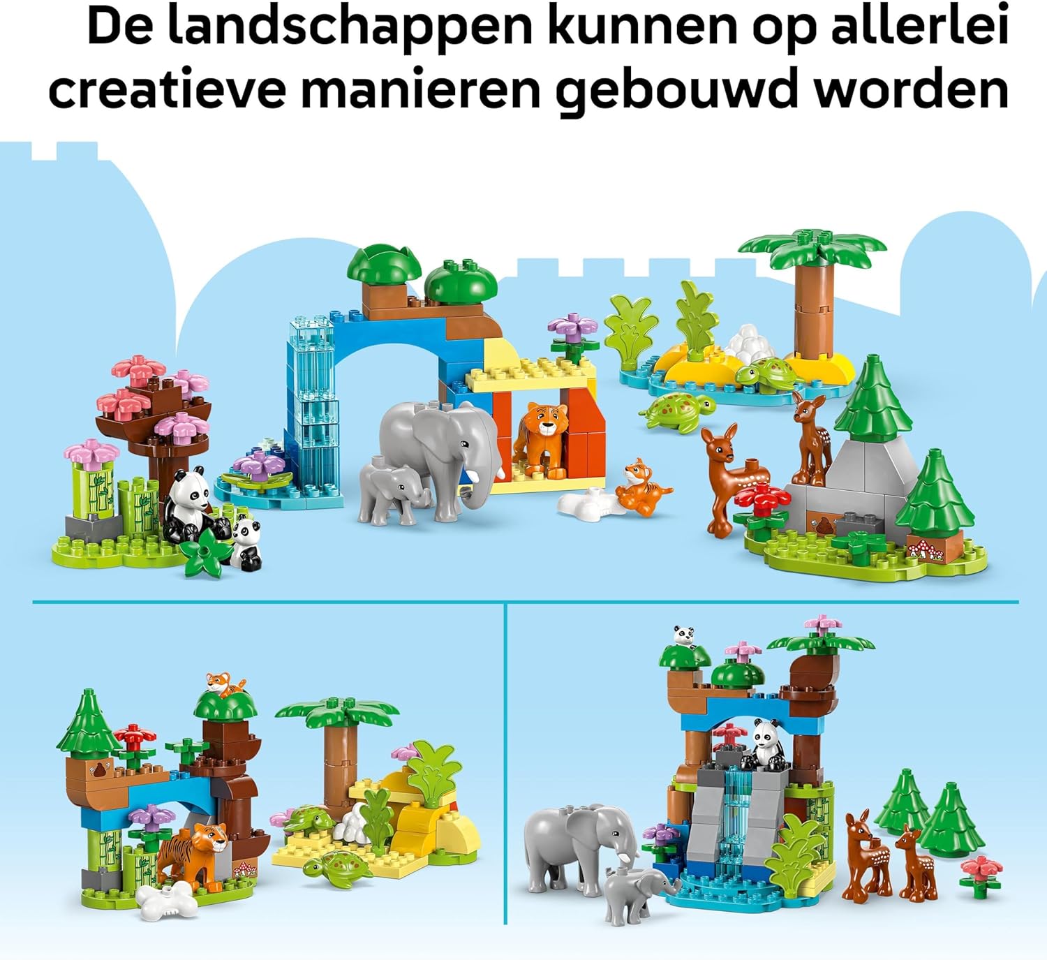 LEGO DUPLO Stad 3-in-1 families van wilde dieren, educatieve speelgoedset met figuren van schildpadden, tijgers, olifanten, herten en panda's voor peuters vanaf 2 jaar 10446