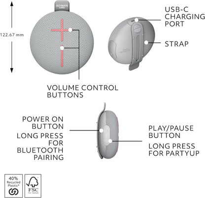 Ultimate Ears MINIROLL Ultra-Portable Waterproof Bluetooth Speaker, Big Bass, IP67 Dustproof, 40 m (131 ft) Range - Revive