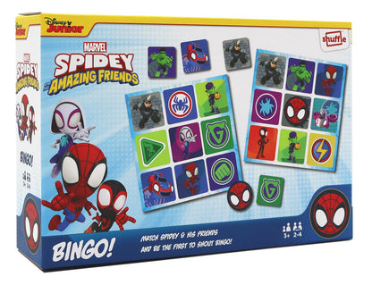 SHUFFLE Spidey and his Amazing Friends Bingo, Match Spidey, Friends and Villains in this Fun Game for Marvel Fans, Great Gift, 2-4 Players, Ages 3+ Years