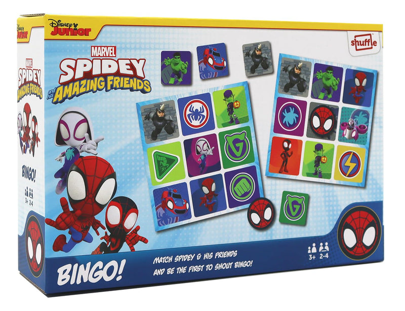 SHUFFLE Spidey and his Amazing Friends Bingo, Match Spidey, Friends and Villains in this Fun Game for Marvel Fans, Great Gift, 2-4 Players, Ages 3+ Years