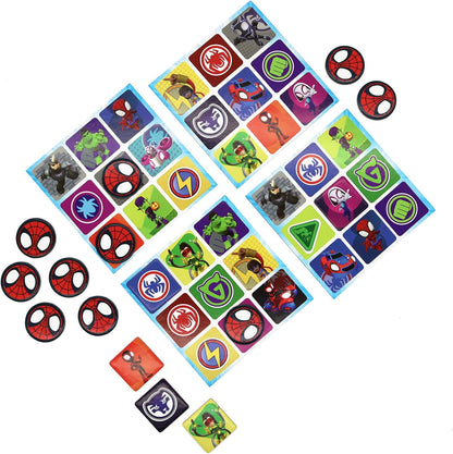 SHUFFLE Spidey and his Amazing Friends Bingo, Match Spidey, Friends and Villains in this Fun Game for Marvel Fans, Great Gift, 2-4 Players, Ages 3+ Years