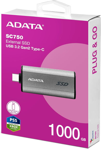 ADATA SE750 1000GB High Speed Type-C up to 1000MB/s Compatible with Mobile Phones, Portable Gaming Devices Black (SC750-1000G-CBK