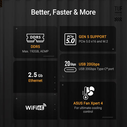 ASUS TUF GAMING B850M-PLUS WIFI AMD mATX motherboard, 14+2+1 80A DrMOS power stages, DDR5, PCIe 5.0 Ready, 3xM.2 slots, Wi-Fi 6E, Realtek 2.5Gb Ethernet, DisplayPort, HDMI, BIOS FlashBack, Aura Sync