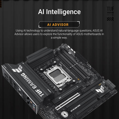 ASUS TUF GAMING B850M-PLUS WIFI AMD mATX motherboard, 14+2+1 80A DrMOS power stages, DDR5, PCIe 5.0 Ready, 3xM.2 slots, Wi-Fi 6E, Realtek 2.5Gb Ethernet, DisplayPort, HDMI, BIOS FlashBack, Aura Sync