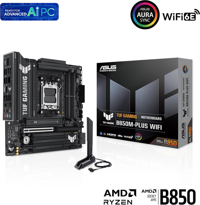 ASUS TUF GAMING B850M-PLUS WIFI AMD mATX motherboard, 14+2+1 80A DrMOS power stages, DDR5, PCIe 5.0 Ready, 3xM.2 slots, Wi-Fi 6E, Realtek 2.5Gb Ethernet, DisplayPort, HDMI, BIOS FlashBack, Aura Sync