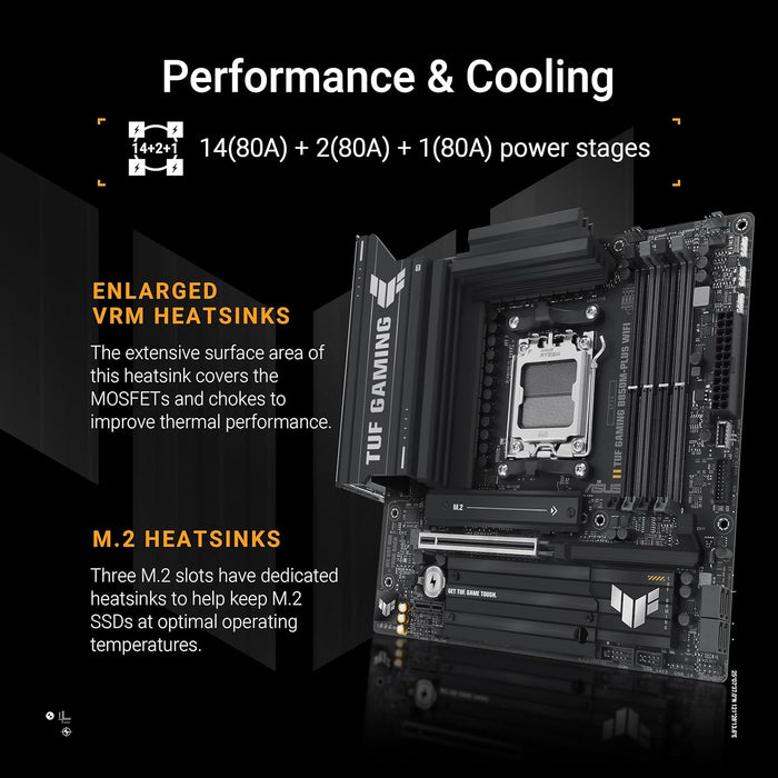 ASUS TUF GAMING B850M-PLUS WIFI AMD mATX motherboard, 14+2+1 80A DrMOS power stages, DDR5, PCIe 5.0 Ready, 3xM.2 slots, Wi-Fi 6E, Realtek 2.5Gb Ethernet, DisplayPort, HDMI, BIOS FlashBack, Aura Sync