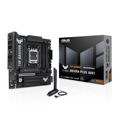 ASUS TUF GAMING B850M-PLUS WIFI AMD mATX motherboard, 14+2+1 80A DrMOS power stages, DDR5, PCIe 5.0 Ready, 3xM.2 slots, Wi-Fi 6E, Realtek 2.5Gb Ethernet, DisplayPort, HDMI, BIOS FlashBack, Aura Sync