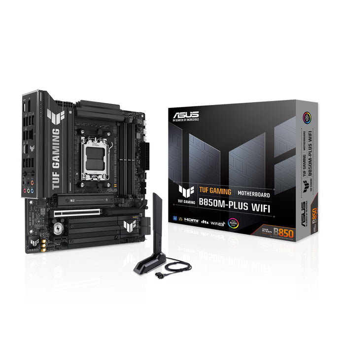 ASUS TUF GAMING B850M-PLUS WIFI AMD mATX motherboard, 14+2+1 80A DrMOS power stages, DDR5, PCIe 5.0 Ready, 3xM.2 slots, Wi-Fi 6E, Realtek 2.5Gb Ethernet, DisplayPort, HDMI, BIOS FlashBack, Aura Sync