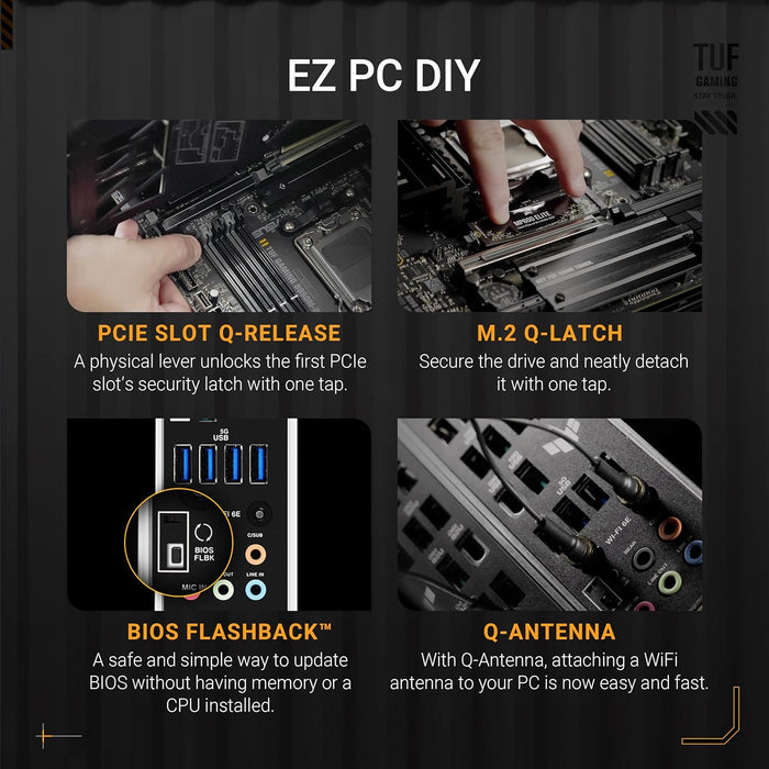 ASUS TUF GAMING B850M-PLUS WIFI AMD mATX motherboard, 14+2+1 80A DrMOS power stages, DDR5, PCIe 5.0 Ready, 3xM.2 slots, Wi-Fi 6E, Realtek 2.5Gb Ethernet, DisplayPort, HDMI, BIOS FlashBack, Aura Sync