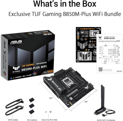 ASUS TUF GAMING B850M-PLUS WIFI AMD mATX motherboard, 14+2+1 80A DrMOS power stages, DDR5, PCIe 5.0 Ready, 3xM.2 slots, Wi-Fi 6E, Realtek 2.5Gb Ethernet, DisplayPort, HDMI, BIOS FlashBack, Aura Sync
