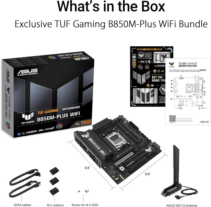 ASUS TUF GAMING B850M-PLUS WIFI AMD mATX motherboard, 14+2+1 80A DrMOS power stages, DDR5, PCIe 5.0 Ready, 3xM.2 slots, Wi-Fi 6E, Realtek 2.5Gb Ethernet, DisplayPort, HDMI, BIOS FlashBack, Aura Sync