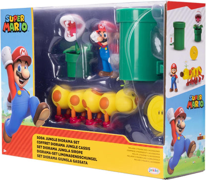 Nintendo Super Mario Soda Jungle Diorama Includes 3 Figures and 2 Accessories: 2.5-Inch Mario, Wiggler, Piranha Plant, Warp Pipe, Coin. Ages 3+ (Officially Licensed)