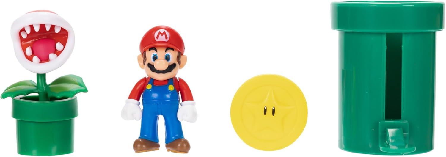Nintendo Super Mario Soda Jungle Diorama Includes 3 Figures and 2 Accessories: 2.5-Inch Mario, Wiggler, Piranha Plant, Warp Pipe, Coin. Ages 3+ (Officially Licensed)