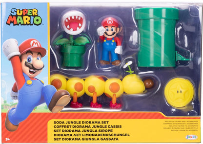 Nintendo Super Mario Soda Jungle Diorama Includes 3 Figures and 2 Accessories: 2.5-Inch Mario, Wiggler, Piranha Plant, Warp Pipe, Coin. Ages 3+ (Officially Licensed)