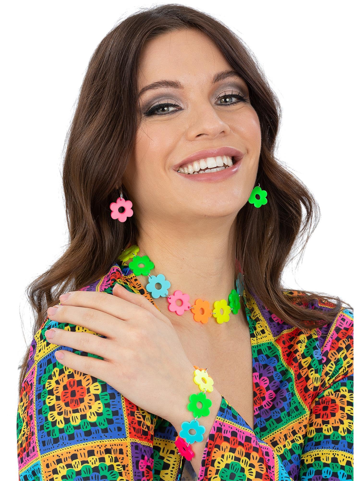 Smiffys Neon Flower Power Jewellery Set Fancy Dress Accessory for Adults 3 Piece Set Includes Earrings Necklace and Bracelet Ideal for 60s 70s Themed Parties Festivals and Hippie Costumes