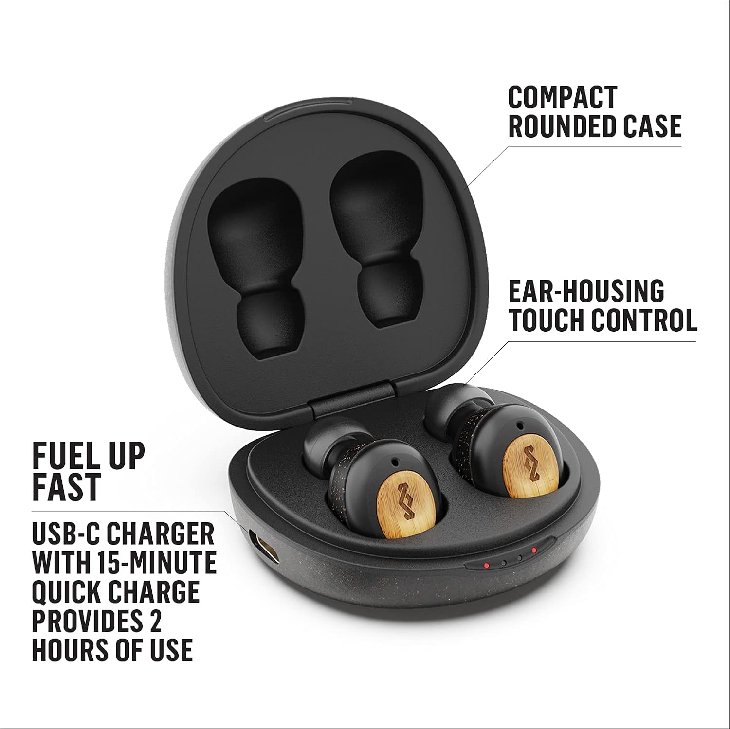 House of Marley Champion True Wireless, Auricolari Bluetooth 5.0 Compatti con Custodia Ricaricabile a Ricarica Rapida, Include 3 Paia di Auricolari Gel Multiformato, Materiale Ecosostenibili, Nero