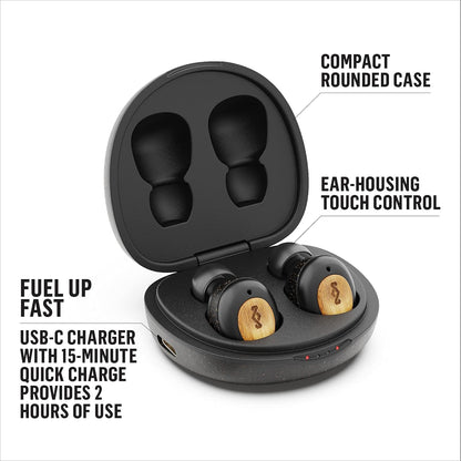 House of Marley Champion True Wireless, Auricolari Bluetooth 5.0 Compatti con Custodia Ricaricabile a Ricarica Rapida, Include 3 Paia di Auricolari Gel Multiformato, Materiale Ecosostenibili, Nero