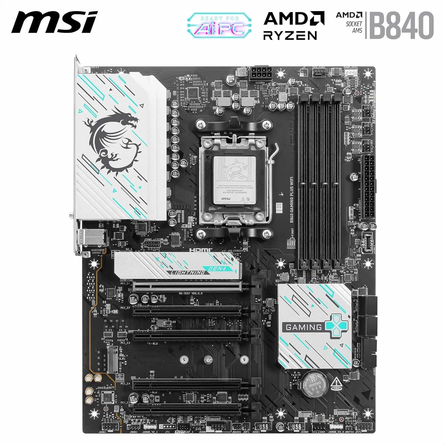 MSI B840 GAMING PLUS WIFI Motherboard, ATX - Supports AMD Ryzen 9000/8000 / 7000 Processors, AM5 - DDR5 Memory Boost 8000+ MT/s (OC), PCIe 4.0 x16, M.2 Gen4, Wi-Fi 7, 2.5G LAN