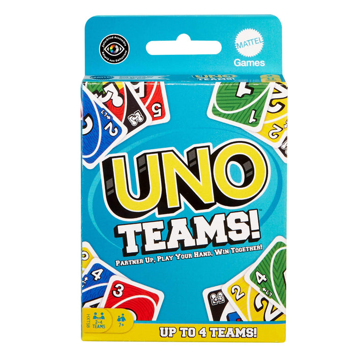 Mattel Games UNO Teams Card Game for Family Nights, Game Nights, Travel, Camping & Parties for Players 7 And Up In Up To Four Teams, With Cards Any Colorblind Player Can Use, HXT58
