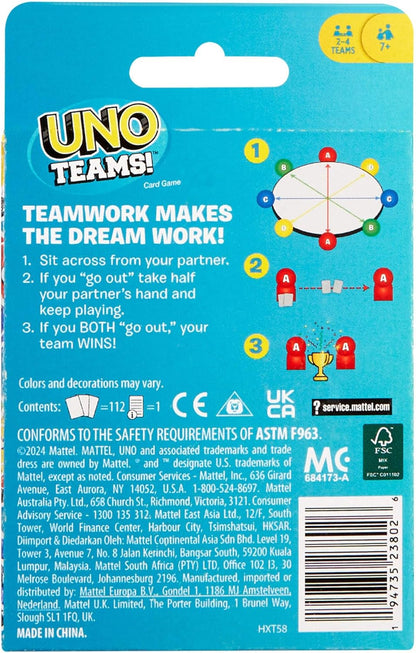 Mattel Games UNO Teams Card Game for Family Nights, Game Nights, Travel, Camping & Parties for Players 7 And Up In Up To Four Teams, With Cards Any Colorblind Player Can Use, HXT58