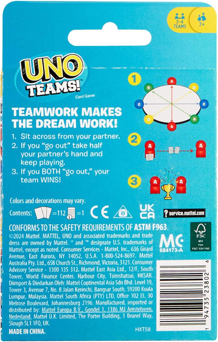 Mattel Games UNO Teams Card Game for Family Nights, Game Nights, Travel, Camping & Parties for Players 7 And Up In Up To Four Teams, With Cards Any Colorblind Player Can Use, HXT58