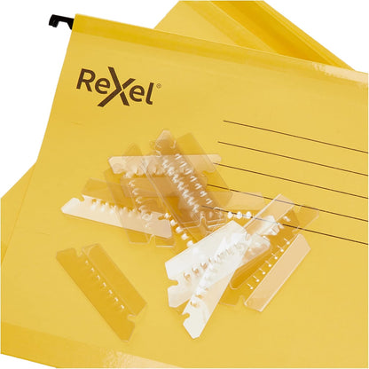 Rexel Classic Foolscap Reinforced Suspension Files for Filing Cabinets, 15 mm V base, 100 Percent Recycled Card, Yellow, Pack of 25, 2115593