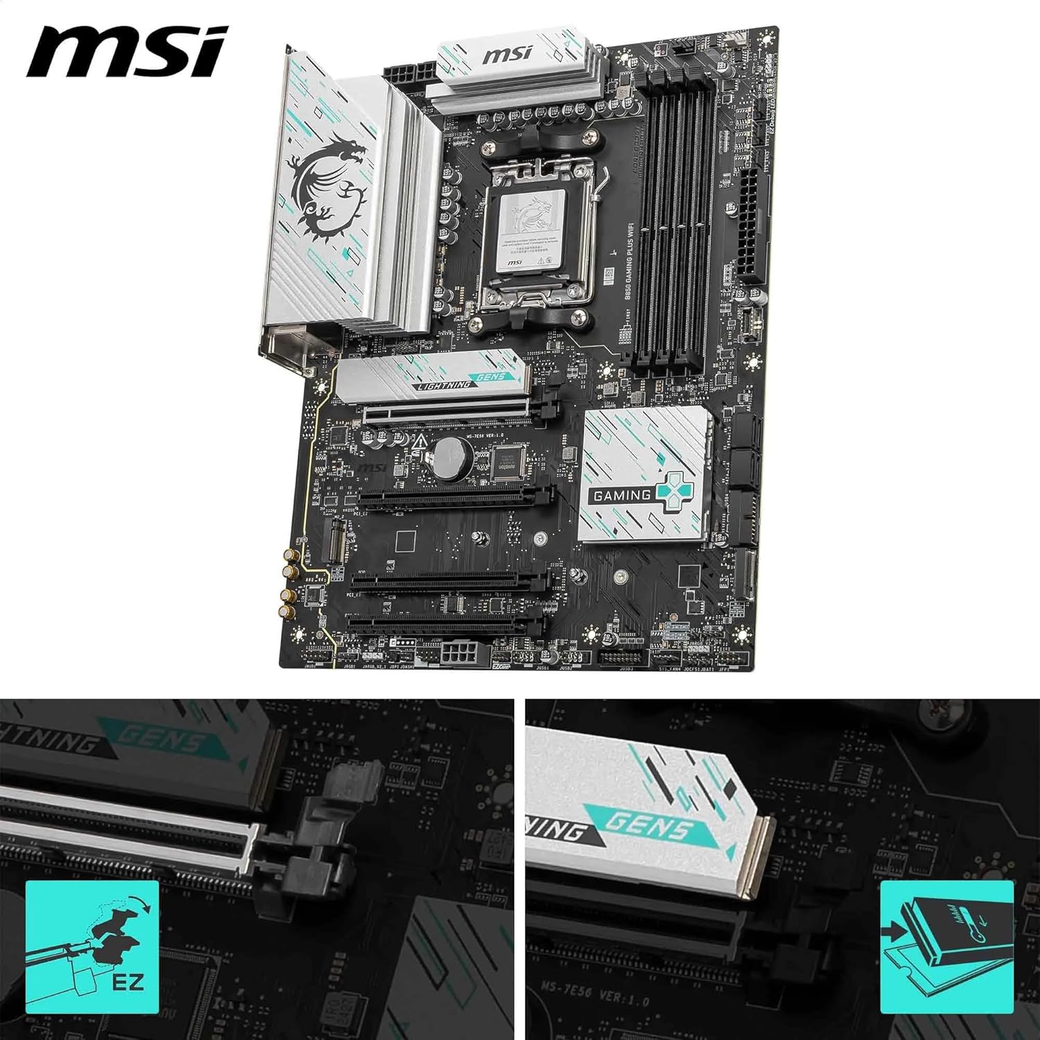 MSI B850 GAMING PLUS WIFI Motherboard, ATX - Supports AMD Ryzen 9000/8000 / 7000 Processors, AM5 - DDR5 Memory Boost 8200+ MT/s (OC), PCIe 5.0 x16 & 4.0 x16, M.2 Gen5, Wi-Fi 7, 5G LAN