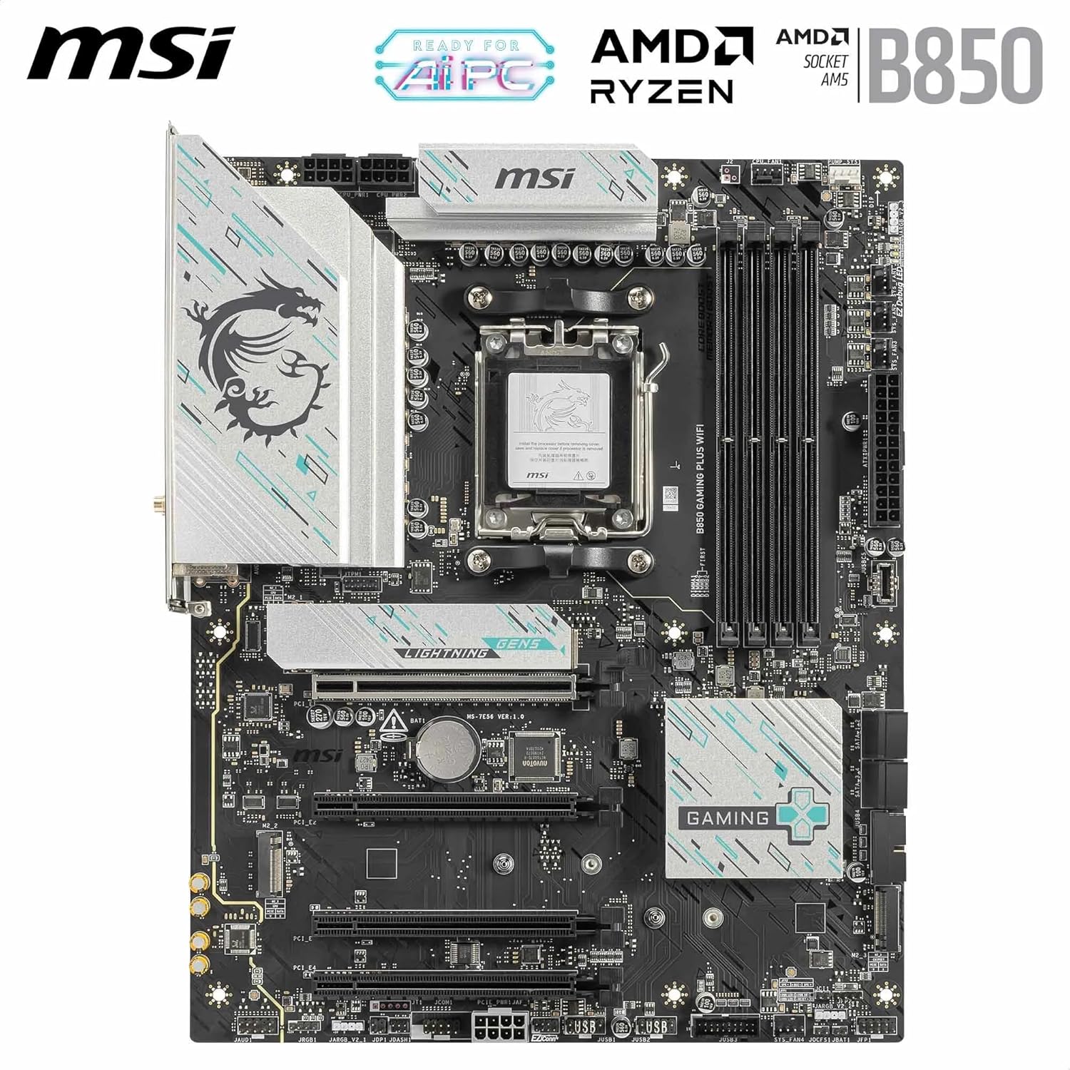 MSI B850 GAMING PLUS WIFI Motherboard, ATX - Supports AMD Ryzen 9000/8000 / 7000 Processors, AM5 - DDR5 Memory Boost 8200+ MT/s (OC), PCIe 5.0 x16 & 4.0 x16, M.2 Gen5, Wi-Fi 7, 5G LAN