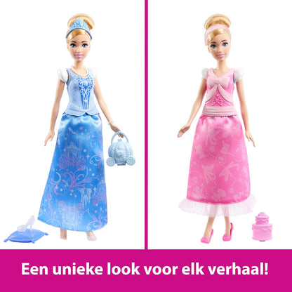 Mattel Disney Princess Toys, Cinderella Fashion Doll with 2 Looks, 9 Accessories, 2 Snap-On Bodices & 2 Skirts, 2-in-1 Stories Inspired by Disney Movie