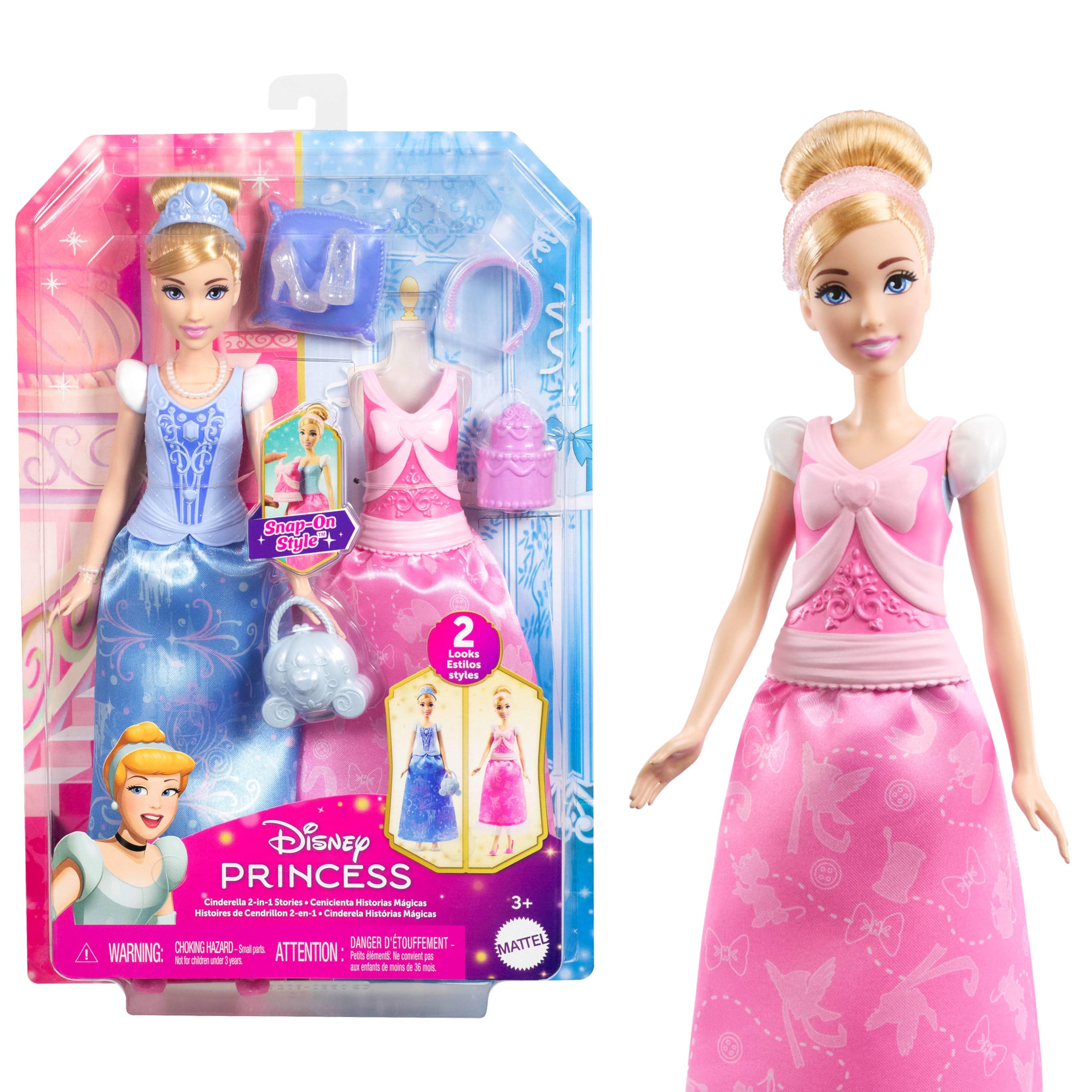 Mattel Disney Princess Toys, Cinderella Fashion Doll with 2 Looks, 9 Accessories, 2 Snap-On Bodices & 2 Skirts, 2-in-1 Stories Inspired by Disney Movie