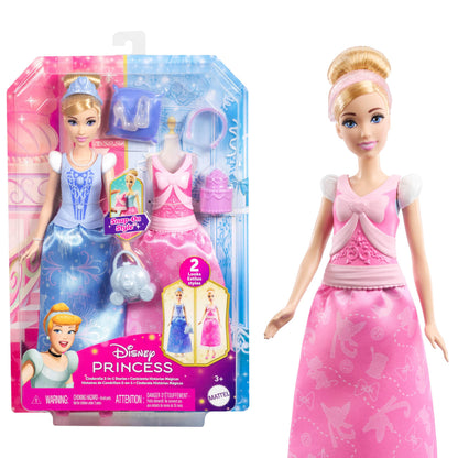 Mattel Disney Princess Toys, Cinderella Fashion Doll with 2 Looks, 9 Accessories, 2 Snap-On Bodices & 2 Skirts, 2-in-1 Stories Inspired by Disney Movie