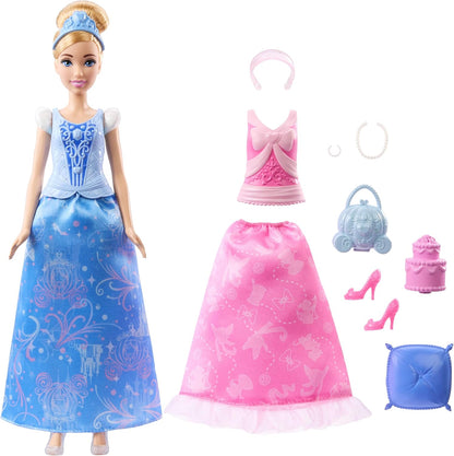 Mattel Disney Princess Toys, Cinderella Fashion Doll with 2 Looks, 9 Accessories, 2 Snap-On Bodices & 2 Skirts, 2-in-1 Stories Inspired by Disney Movie
