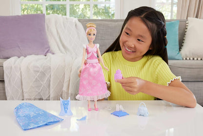 Mattel Disney Princess Toys, Cinderella Fashion Doll with 2 Looks, 9 Accessories, 2 Snap-On Bodices & 2 Skirts, 2-in-1 Stories Inspired by Disney Movie