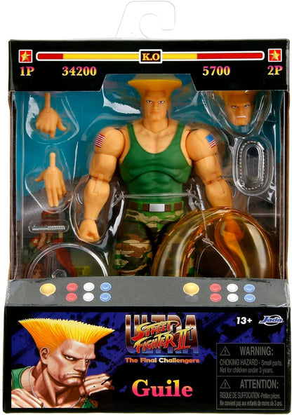 Jada Toys Street Fighter II Guile Action Figure 1:12 Scale, 6" Tall, Interchangeable Heads, Hands & Accessories
