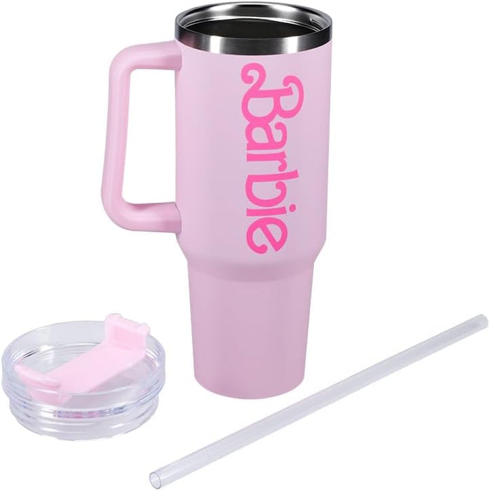 Barbie Official Licensed Pink Logo H2O Bottle, Quencher Stainless Steel Vacuum Insulated Tumbler with Lid and Straw for Water, Iced Tea or Coffee | Paladone