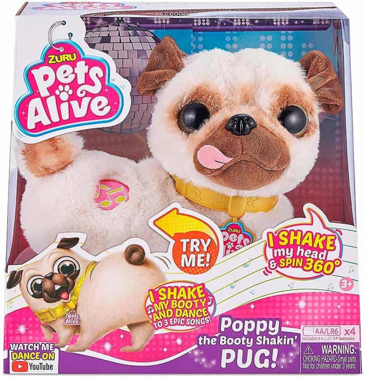 Pets Alive Zuru 9521 – Poppy The Booty Shakin’ Pug, Plush Toy Pug Shakes Her Head and Bottom, Turns and Plays 3 Lovely Songs.
