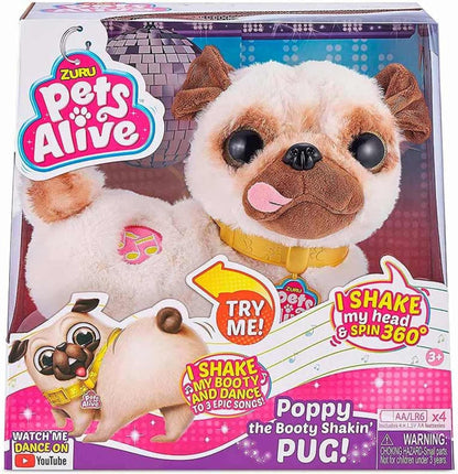 Pets Alive Zuru 9521 – Poppy The Booty Shakin’ Pug, Plush Toy Pug Shakes Her Head and Bottom, Turns and Plays 3 Lovely Songs.