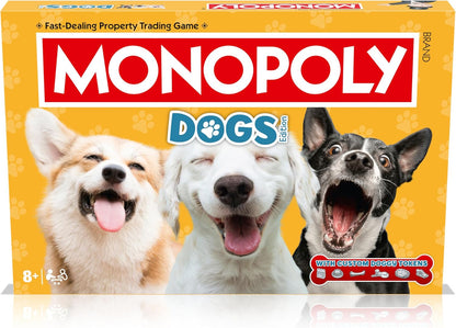 Winning Moves Dogs Monopoly Gioco da tavolo English Edition, Gioca con i tuoi canini preferiti di Pomerania, Siberian Husky e Shiba Inu, divertente gioco da tavolo per famiglie dai 8 anni in su