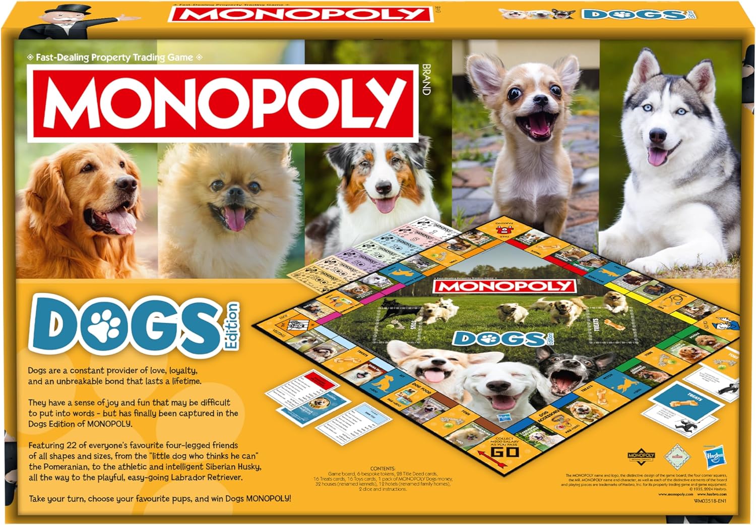 Winning Moves Dogs Monopoly Gioco da tavolo English Edition, Gioca con i tuoi canini preferiti di Pomerania, Siberian Husky e Shiba Inu, divertente gioco da tavolo per famiglie dai 8 anni in su