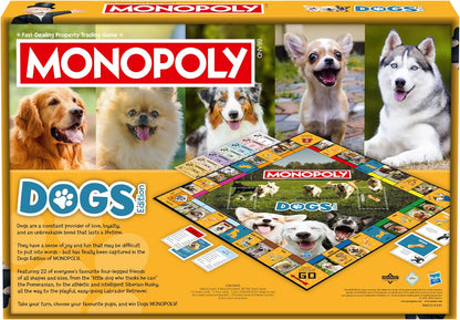 Winning Moves Dogs Monopoly Gioco da tavolo English Edition, Gioca con i tuoi canini preferiti di Pomerania, Siberian Husky e Shiba Inu, divertente gioco da tavolo per famiglie dai 8 anni in su