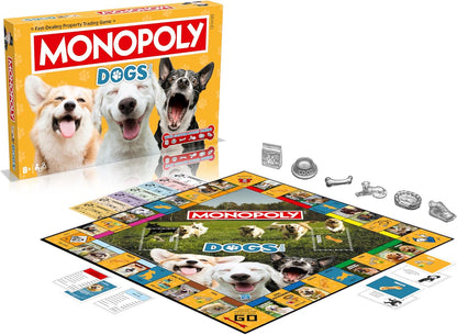 Winning Moves Dogs Monopoly Gioco da tavolo English Edition, Gioca con i tuoi canini preferiti di Pomerania, Siberian Husky e Shiba Inu, divertente gioco da tavolo per famiglie dai 8 anni in su