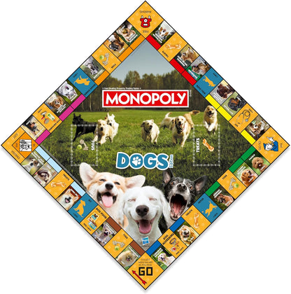 Winning Moves Dogs Monopoly Gioco da tavolo English Edition, Gioca con i tuoi canini preferiti di Pomerania, Siberian Husky e Shiba Inu, divertente gioco da tavolo per famiglie dai 8 anni in su