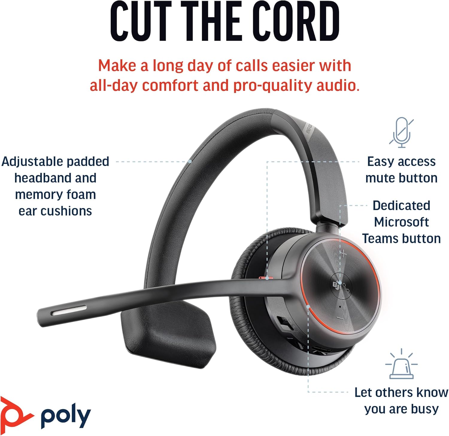 Poly Voyager 4310 UC Wireless Headset (Plantronics) - Single-Ear Bluetooth Headset w/Noise-Canceling Boom Mic - Connect PC/Mac/Mobile via Bluetooth - Works w/Teams (Certified), Zoom 2024 Version (USB-C & USB-A)