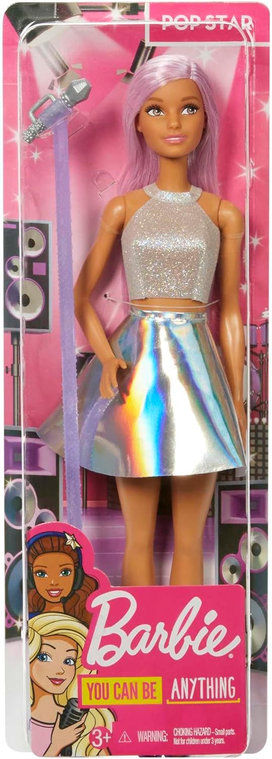 Barbie Pop-Star-Puppe gekleidet in einem schillernden Rock mit Mikrofon und rosafarbenem Haar, Geschenk für Kinder von 3 bis 7 Jahren, JCW42